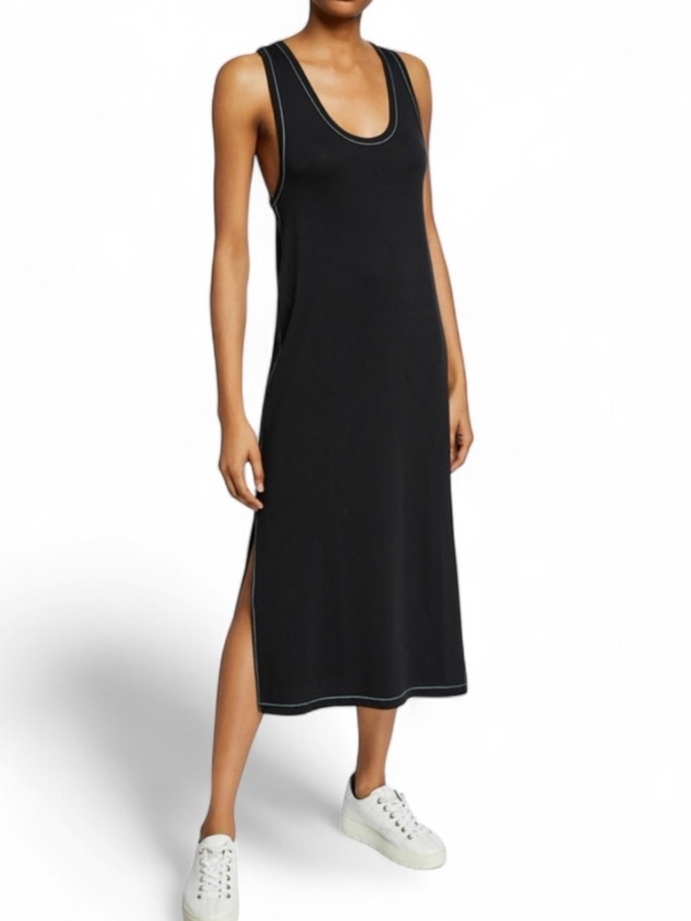 rag & bone Black Sleeveless Midi Tank Dress with Contrast Stitch